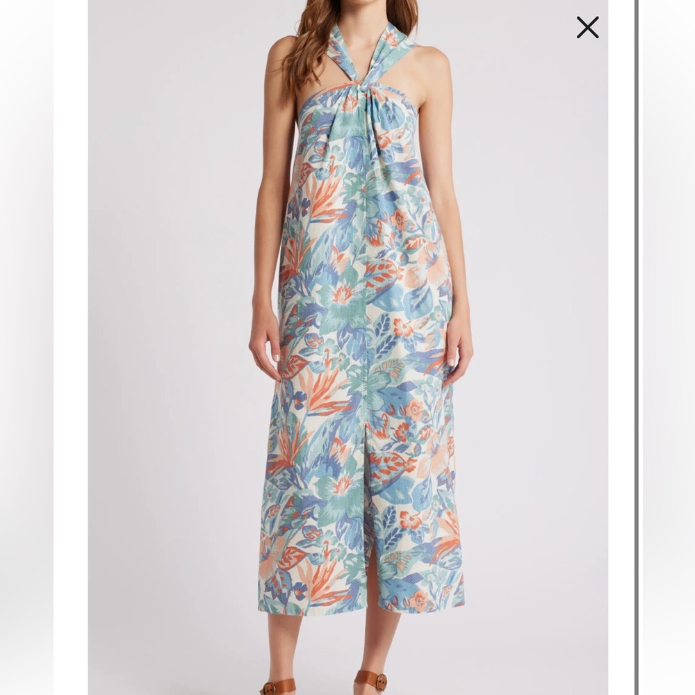 Faherty Tropical Halter Midi Dress in Light Blue and Coral